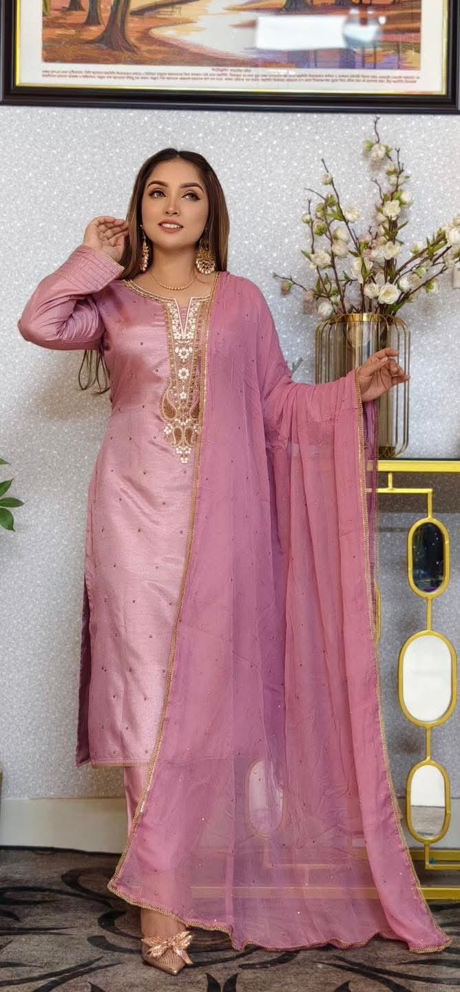 Topeto Silk Three Piece with Stone Work Embroidery, Sizes 42 and 44