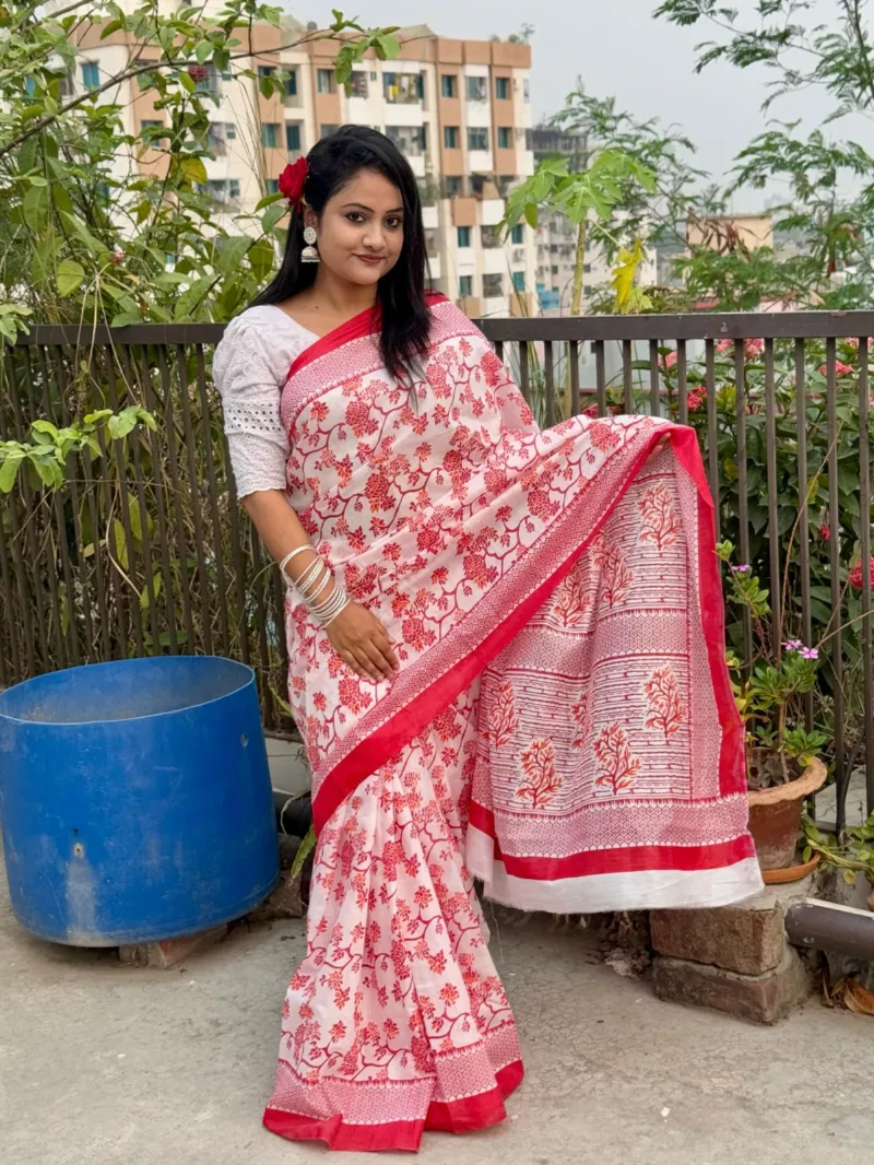 Half Silk Screen Print Saree, Saree Only, 4 Colours