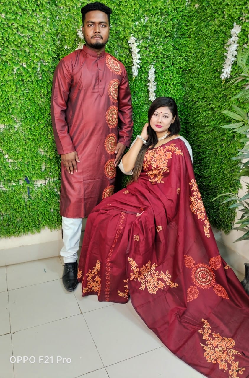 Dhupian Silk Couple Saree and Panjabi Set, Block and Screen Print