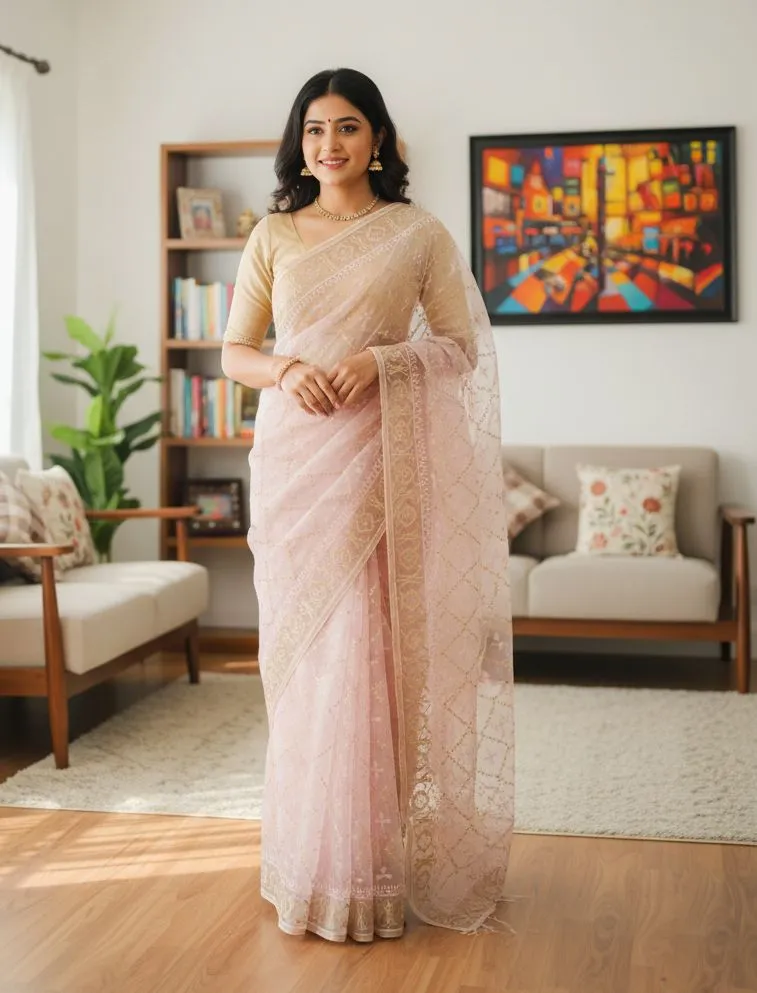 Embroidered Organza Saree for Party and Wedding, 6 Colours