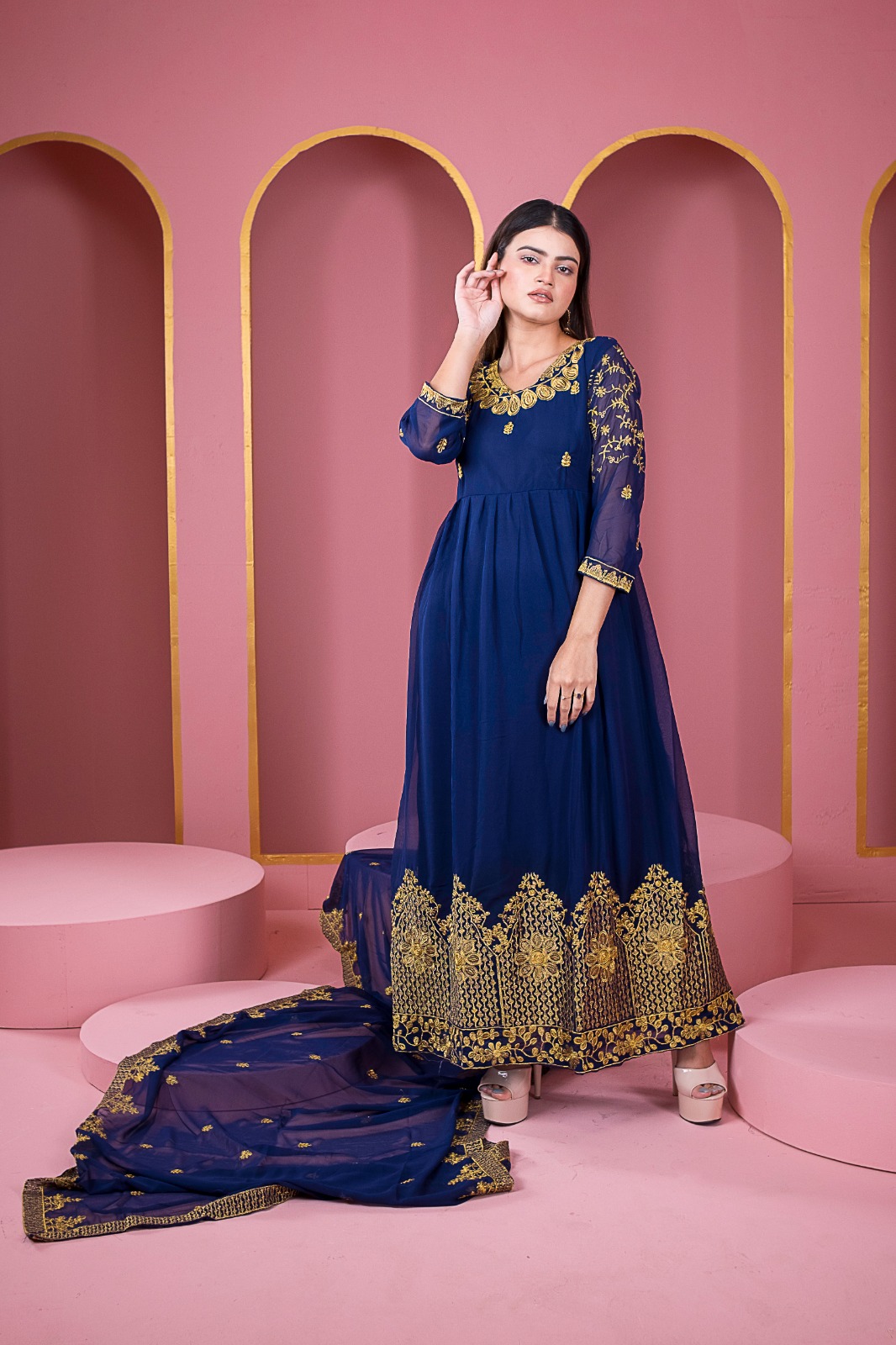 Women's Georgette Embroidered Party Dress with Inner, Up to 47 Inch