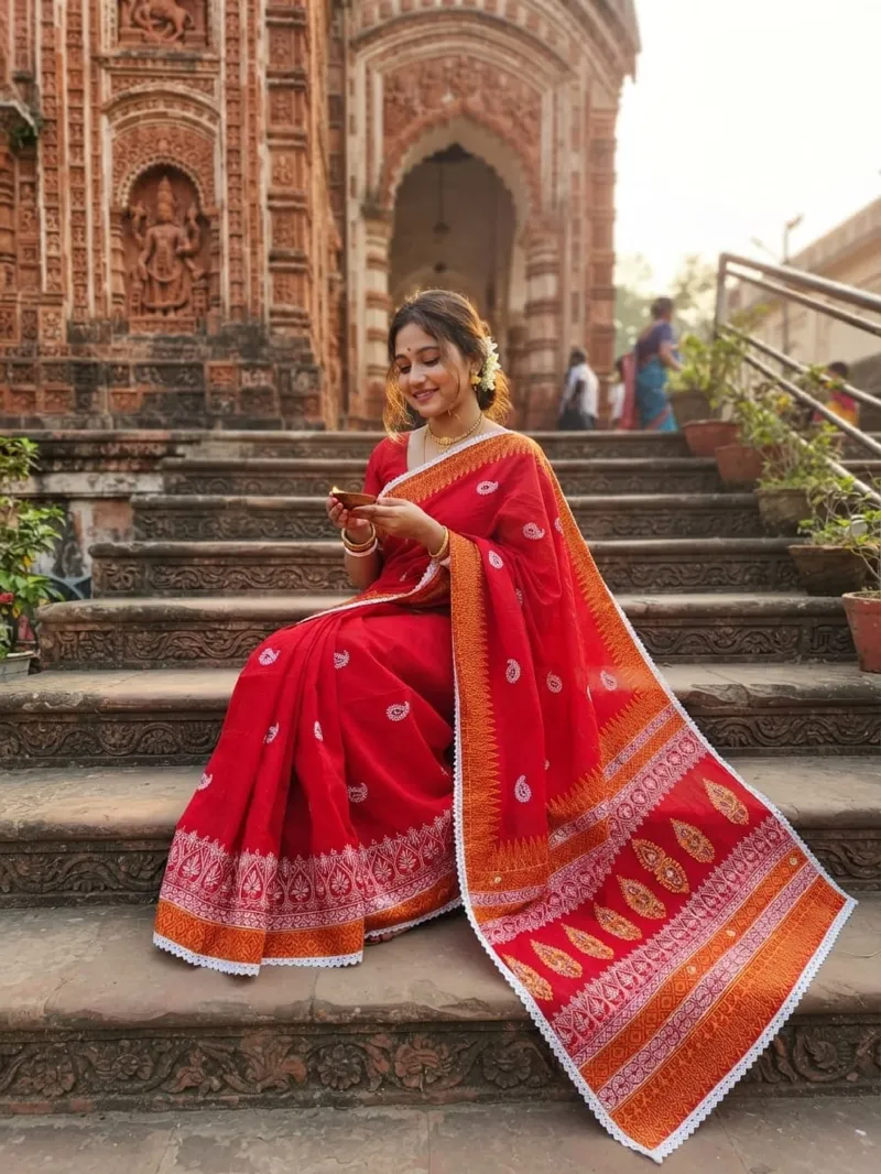 খাদি কটন ব্লক প্রিন্ট শাড়ি লেস পাড় ও ব্লাউজ পিসসহ