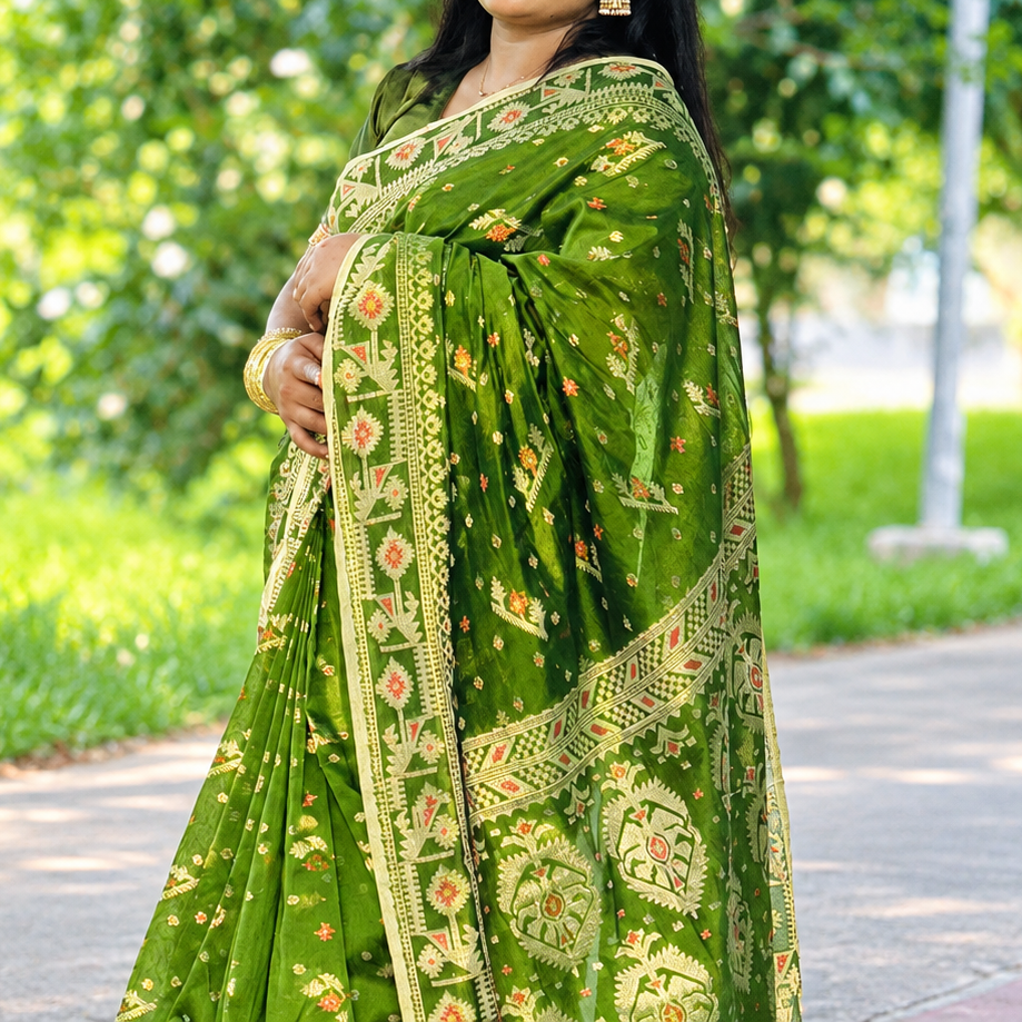 Premium Olive Green Traditional Jamdani Cotton Saree