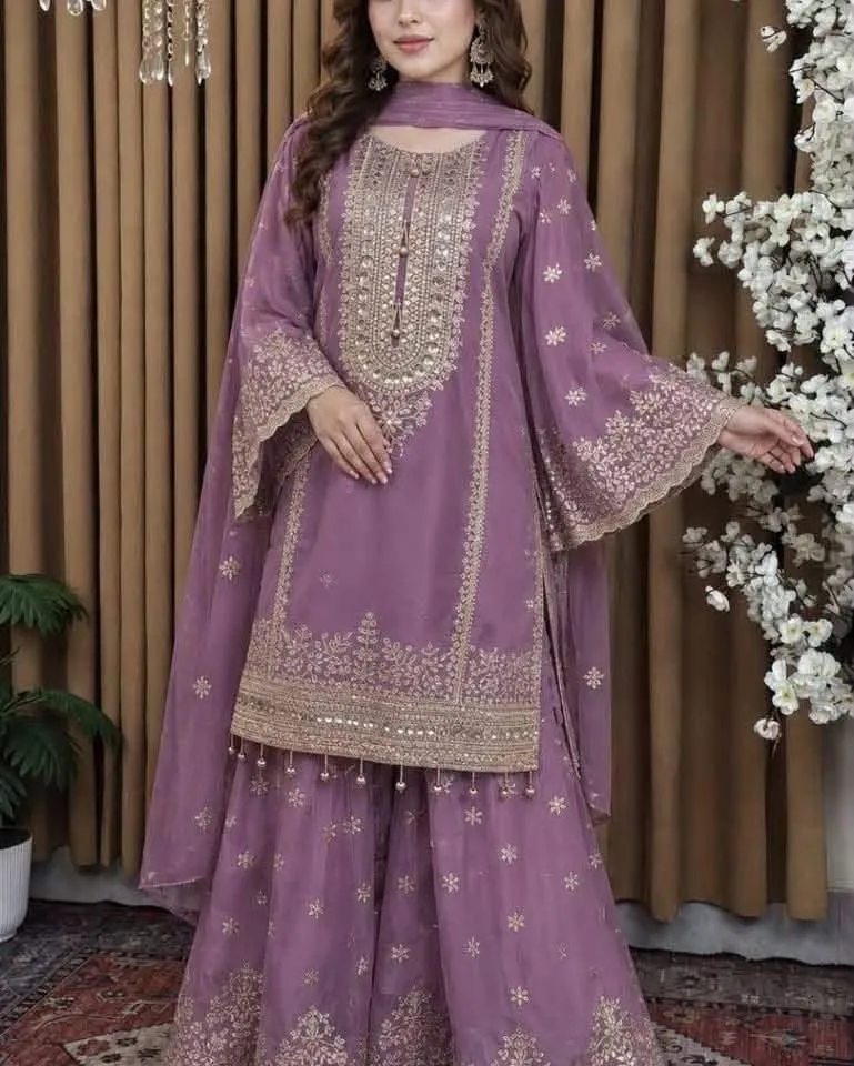 Georgette Heavy Embroidery Gharara Dress with Inner, 4 Colours