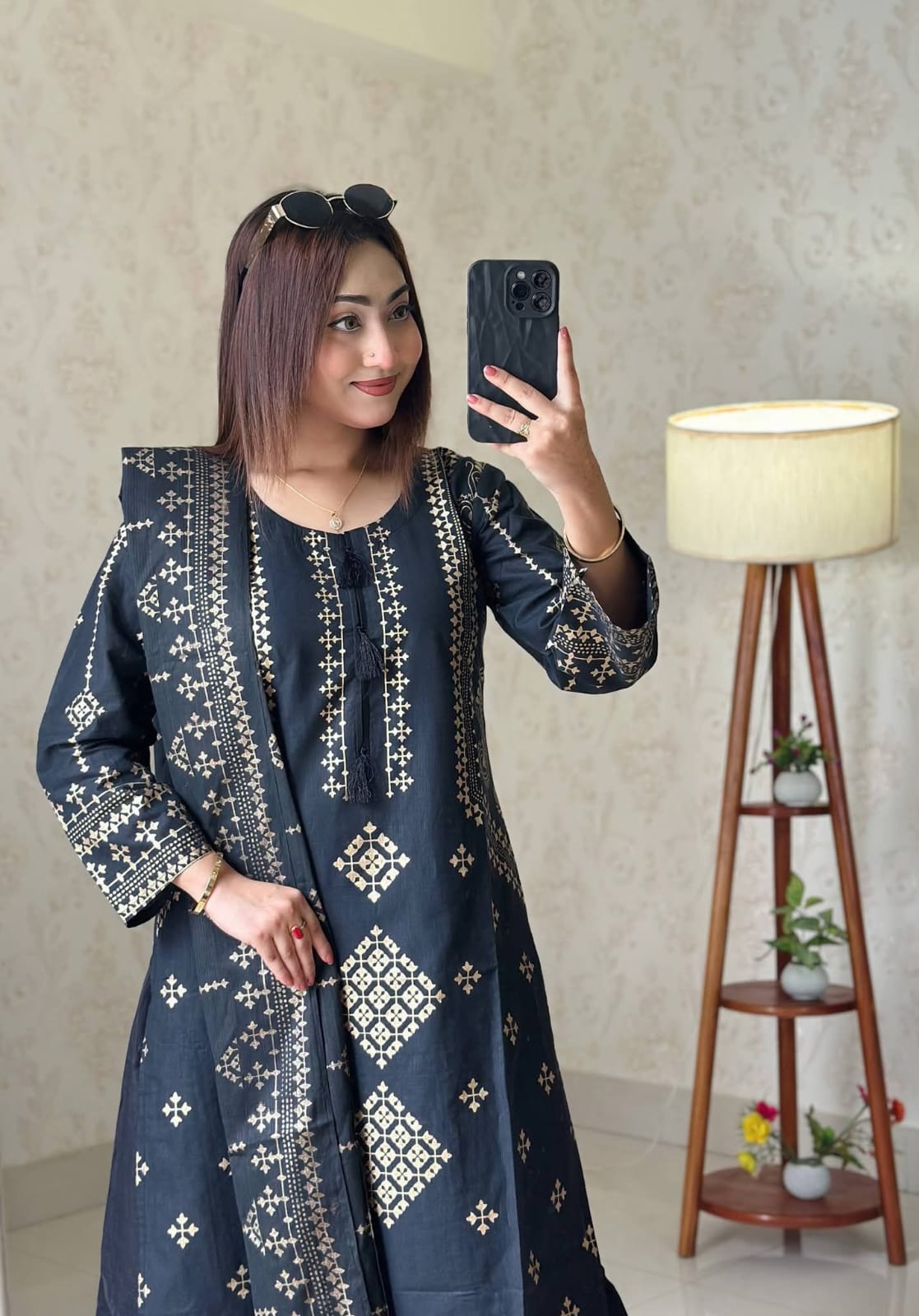 Women's Readymade Cotton Three Piece with Skin Print and Lace