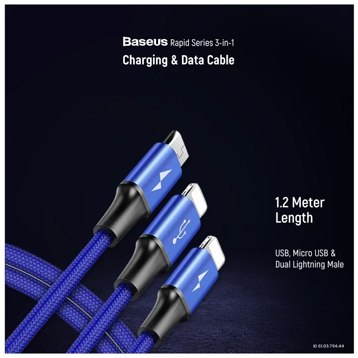 Baseus CAMLL-SU13 Rapid 3-in-1 Micro USB & Dual Lightning Cable 1.2m