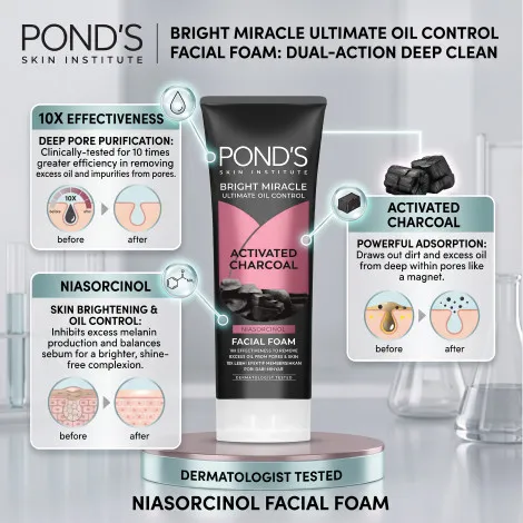Pond's Bright Miracle অ্যাক্টিভেটেড চারকোল অয়েল কন্ট্রোল ফেসিয়াল ফোম 100g
