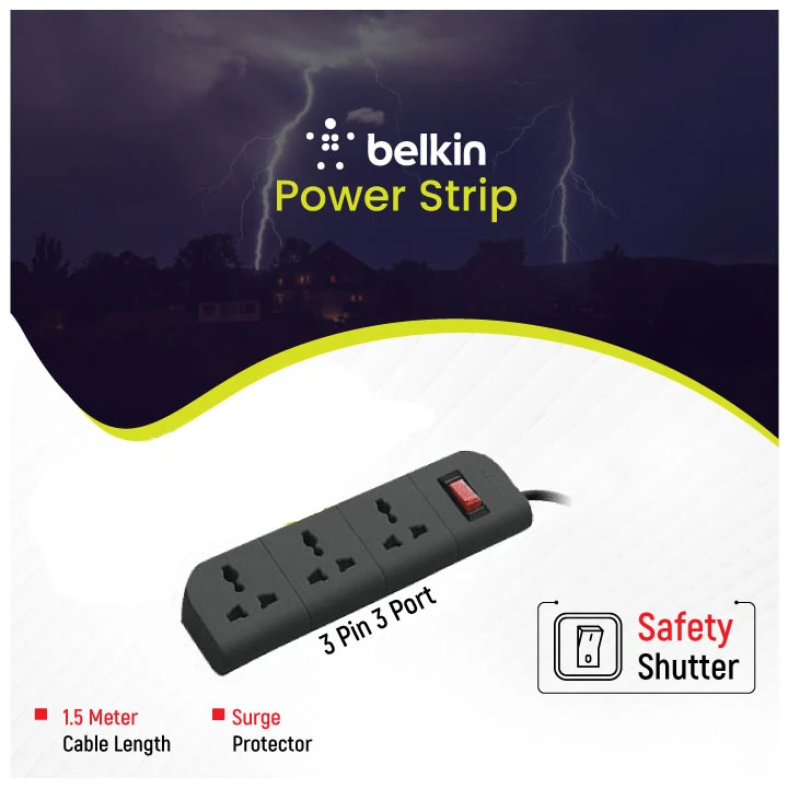 Belkin F9E300zb1.5MGRY 3 Port Surge Protector Power Strip Grey