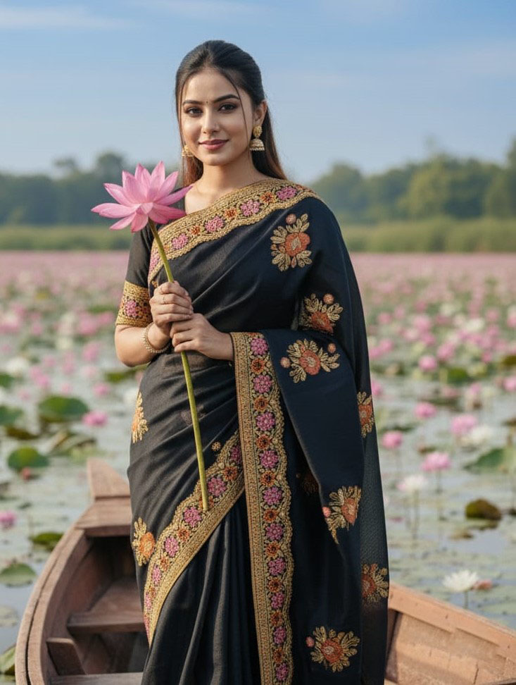 Semi Muslin Saree with Sequin Embroidery and Running Blouse