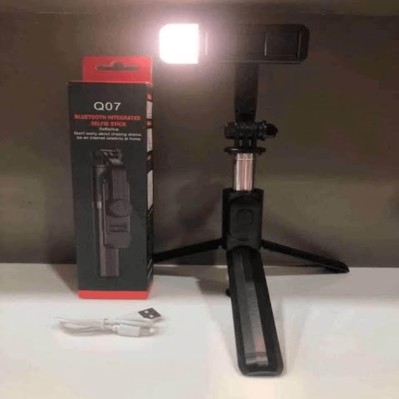 Q07 ফোল্ডেবল মিনি ট্রাইপড ও সেলফি স্টিক, LED লাইট ও ব্লুটুথ রিমোট শাটারসহ