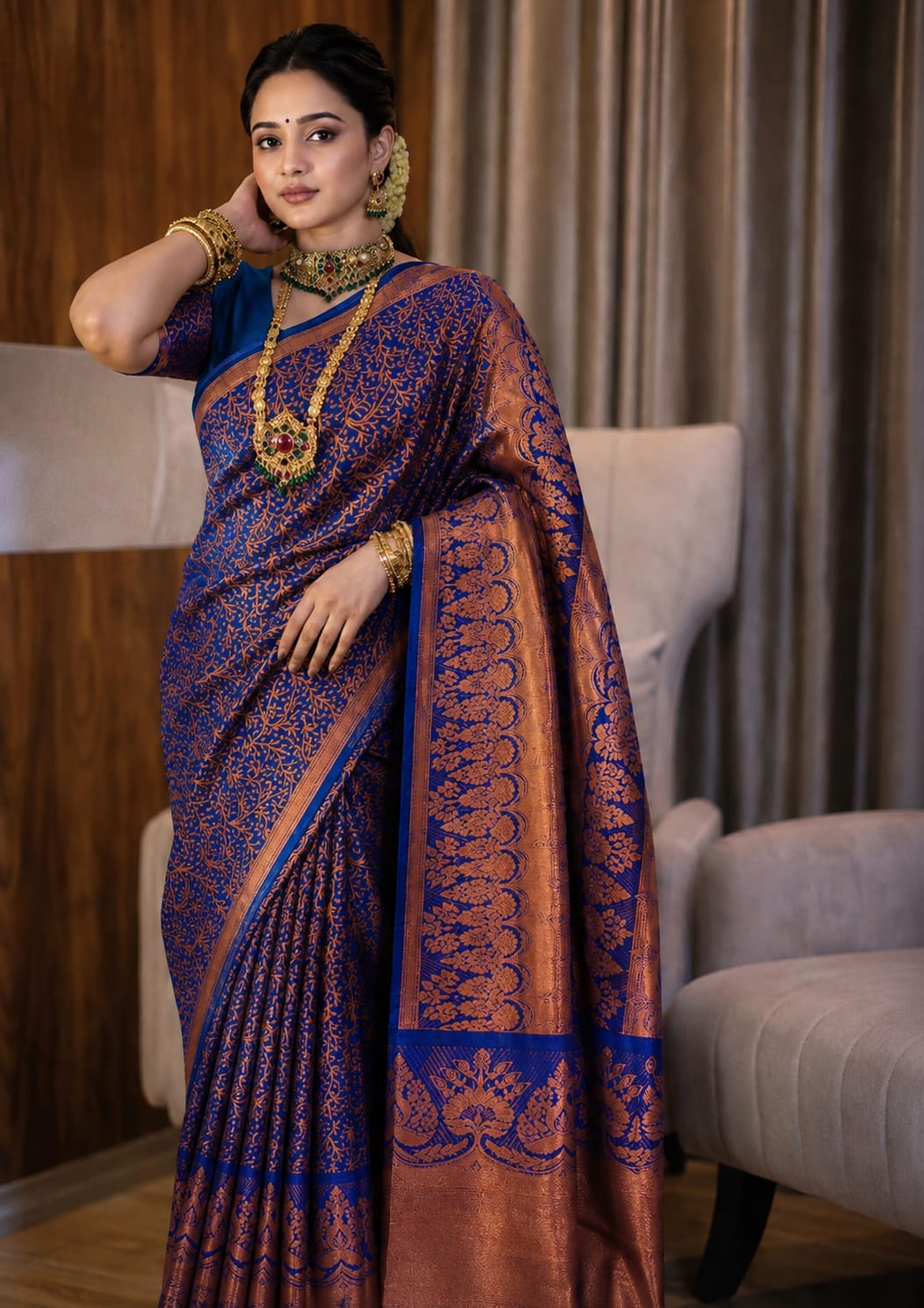 ম্যাচিং ব্লাউজ পিসসহ কাঞ্জিভরম কাতান শাড়ি, 3 রং