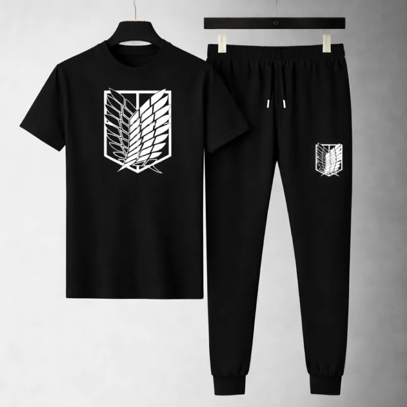 Men's Matching Tee and Trouser Set, Mesh Jersey with Screen Print