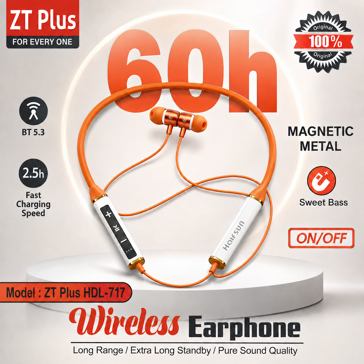 ZT Plus HDL-717 ওয়্যারলেস নেকব্যান্ড ইয়ারফোন 60H