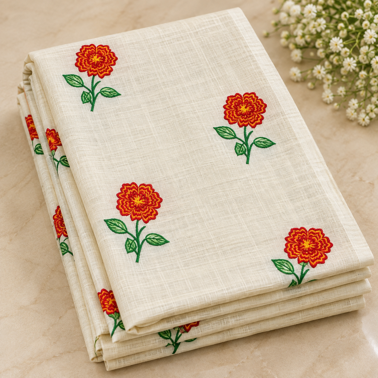 Exclusive off-white cotton saree with floral embroidery.