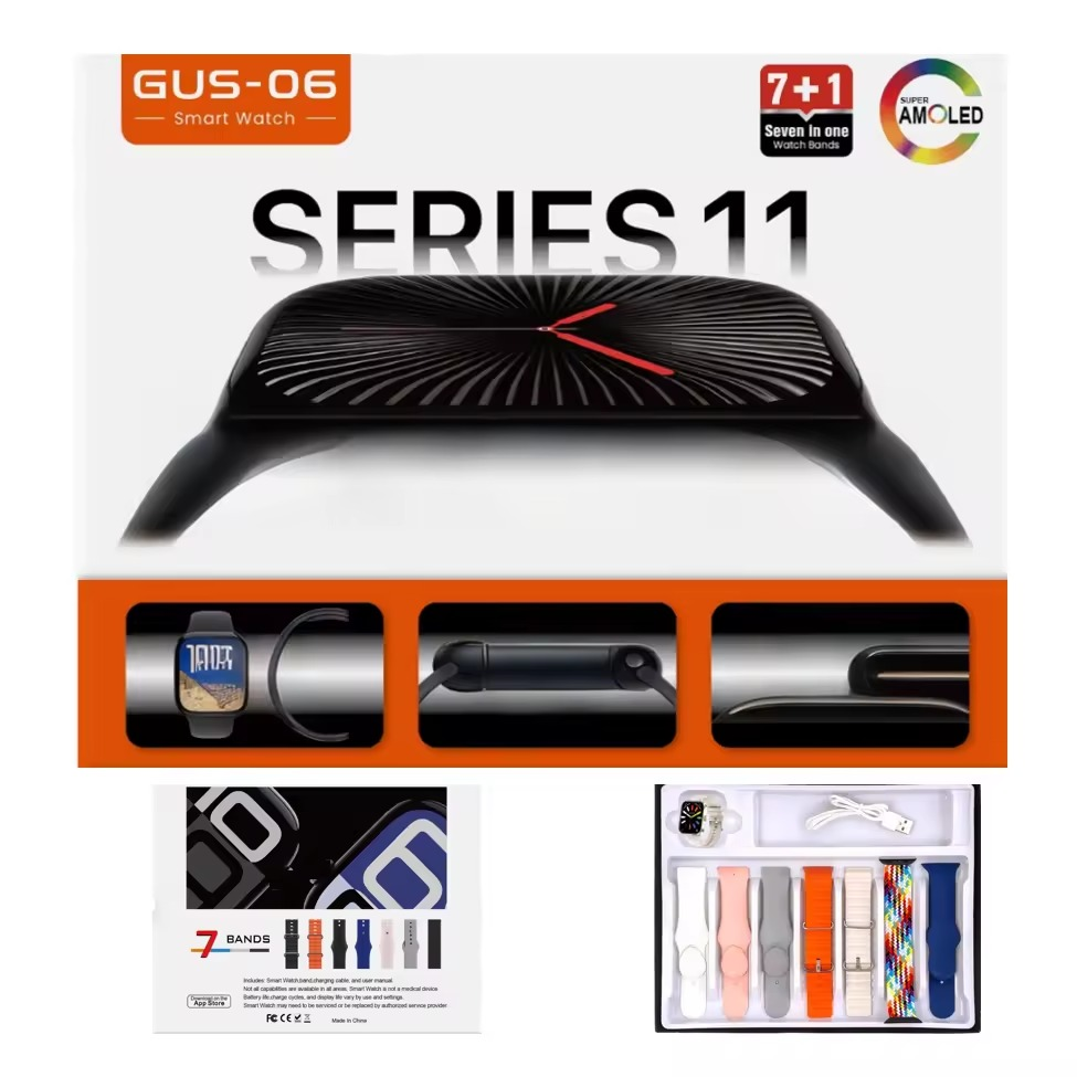 GUS-06 স্মার্ট ওয়াচ Series 11 AMOLED ডিসপ্লে – 7টি স্ট্র্যাপসহ 7-in-1 কম্বো প্যাক