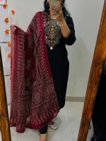 Women's Slub Cotton Three Piece with Heavy Chest Embroidery