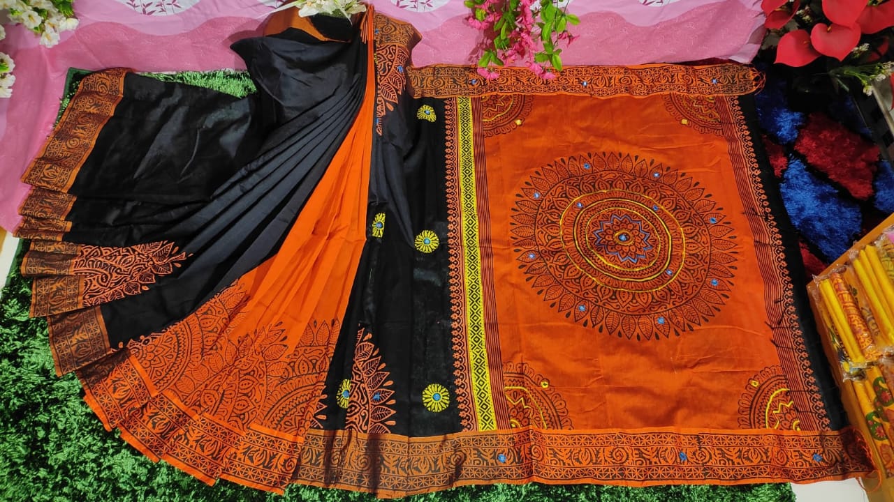 Dhupian Silk Sari with Block Print and Embroidery for Women