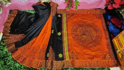 Dhupian Silk Sari with Block Print and Embroidery for Women