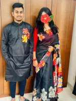 Couple Set, Chanderi Silk Saree and Dhupian Silk Panjabi, Hand Print