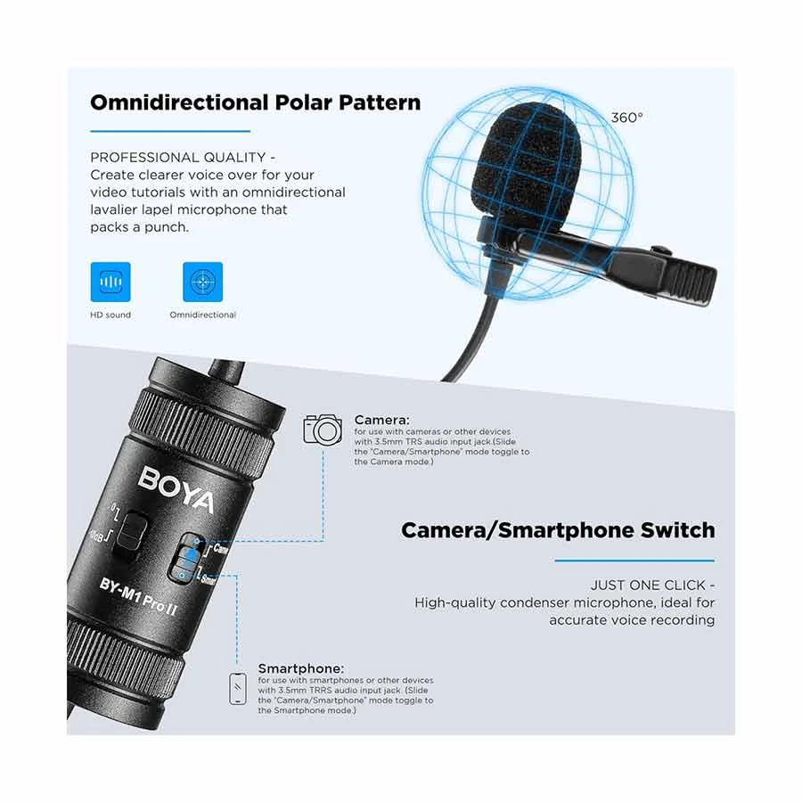 BOYA BY-M1 Pro II ইউনিভার্সাল ল্যাভালিয়ার মাইক্রোফোন – ব্যাটারি লাগে না