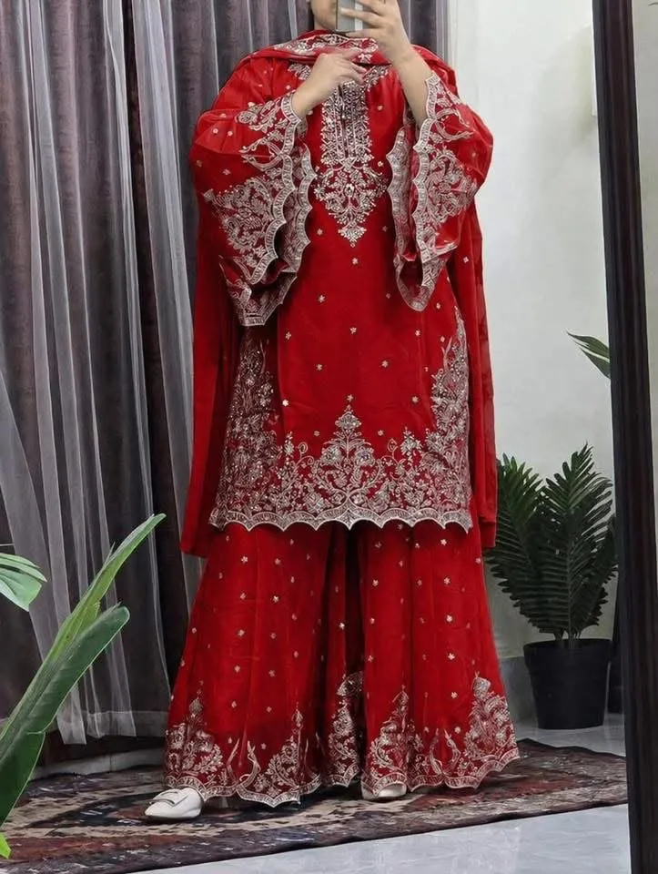 Georgette Embroidered Gharara Set with Lined Pant, 6 Colours