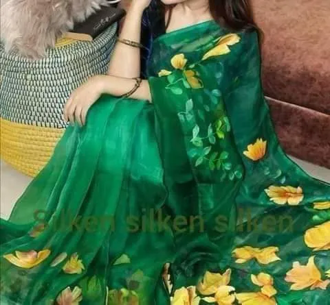 Women's Hand Print Half Silk Saree, 12 Haath, Brush Work
