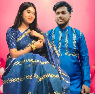 Semi Muslin Saree and Dhupian Panjabi Couple Set, 14 Haath