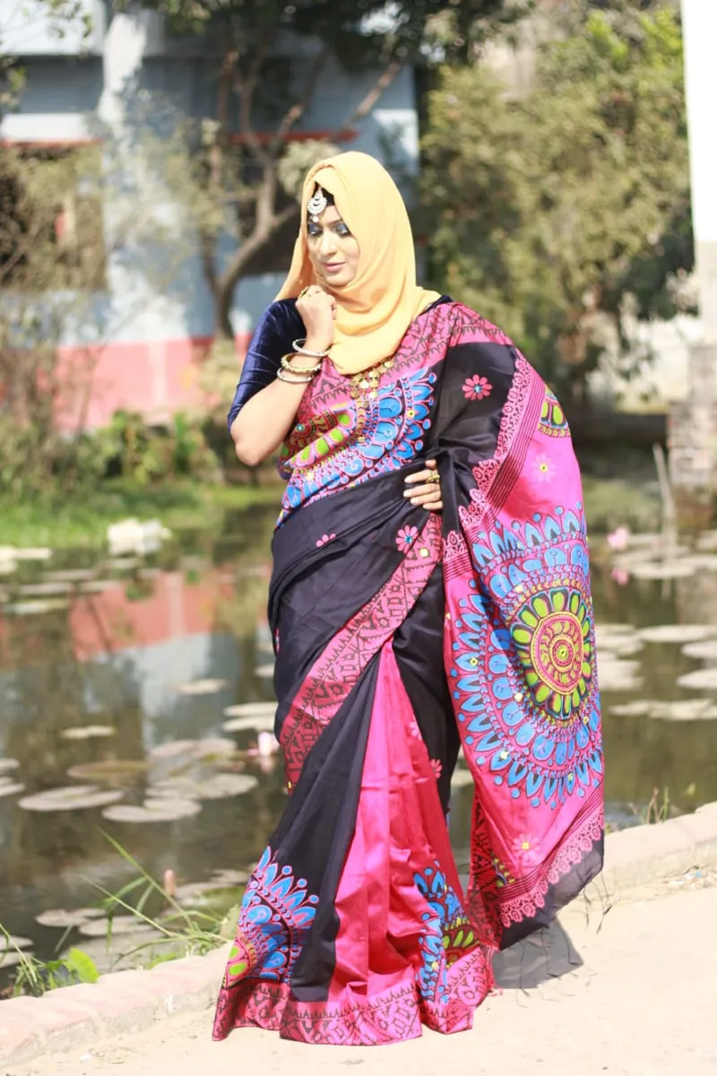 হাফ সিল্ক হ্যান্ড প্রিন্টেড শাড়ি, মহিলাদের, দৈর্ঘ্য 12 হাত