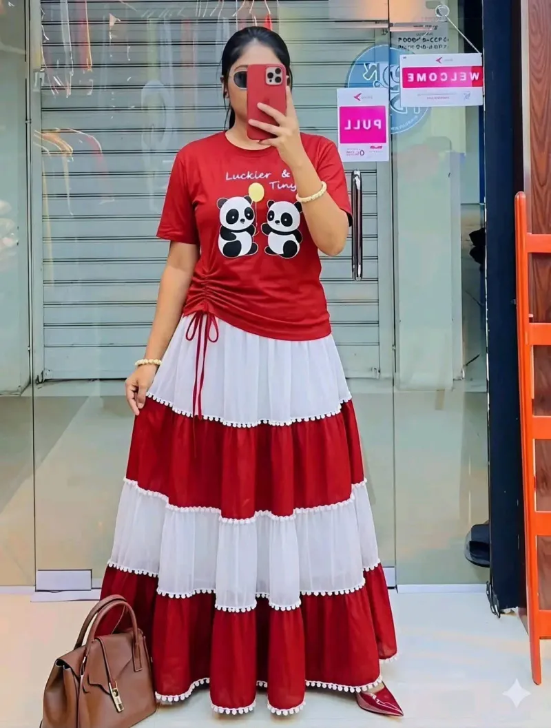 Women's Georgette Skirt and Pure Cotton T-Shirt Set, Free Size