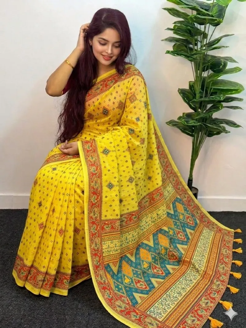 Pure Cotton Block and Screen Print Saree with Blouse Piece