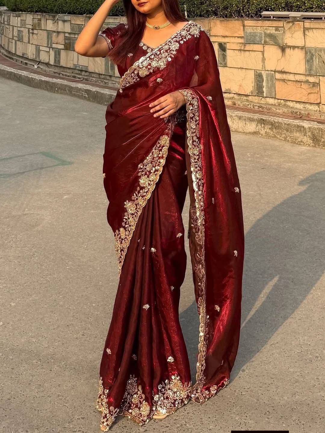 Sequin Embroidery Silk Saree with Unstitched Blouse, 4 Colours