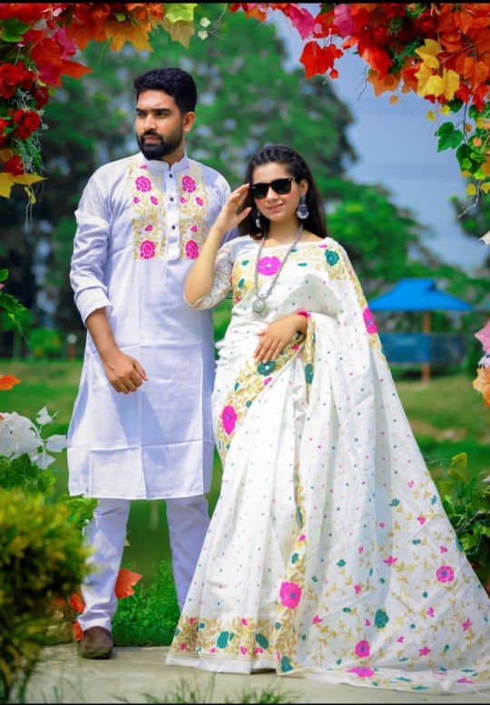 Dhupian Silk Saree and Panjabi Couple Set with Screen Print Work