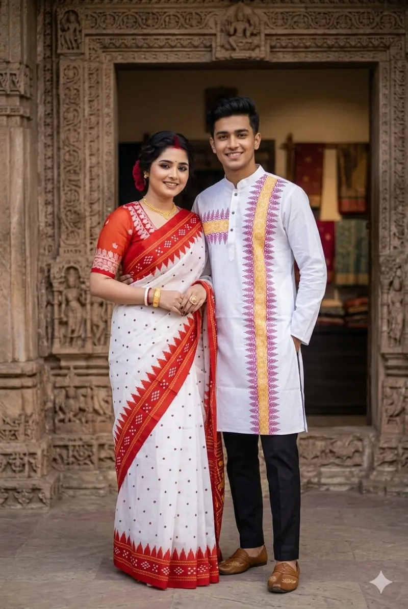 Matching Saree Panjabi Couple Set with Screen and Digital Print