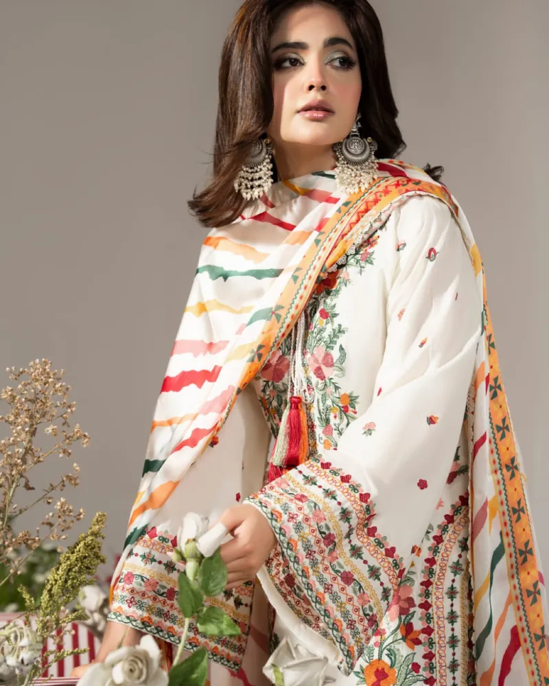 White Cotton Floral Embroidery Three Piece with Printed Orna