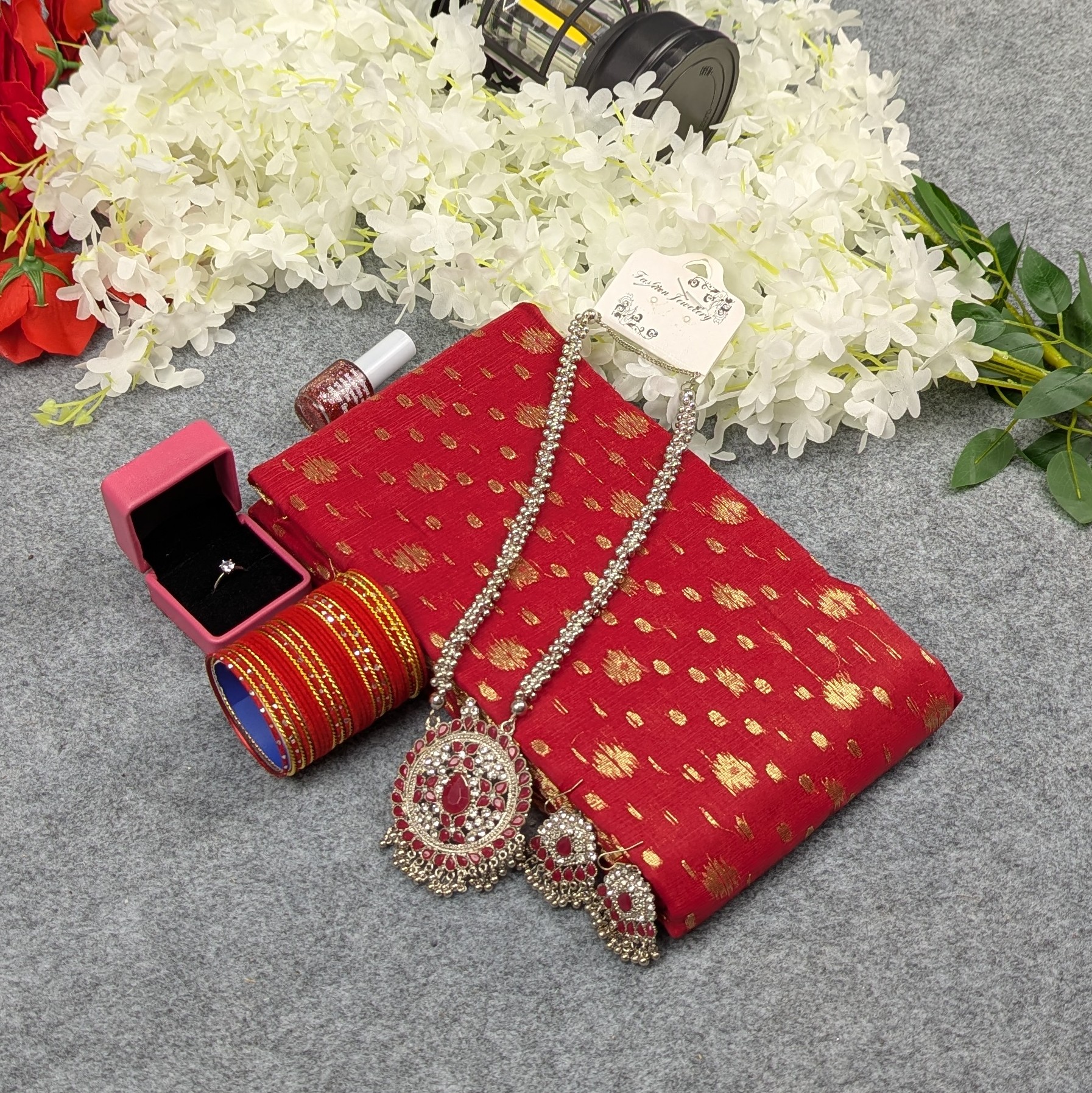 হাফ সিল্ক জামদানি শাড়ি কম্বো সেট - লাল