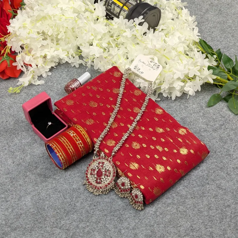 হাফ সিল্ক জামদানি শাড়ি কম্বো সেট - লাল