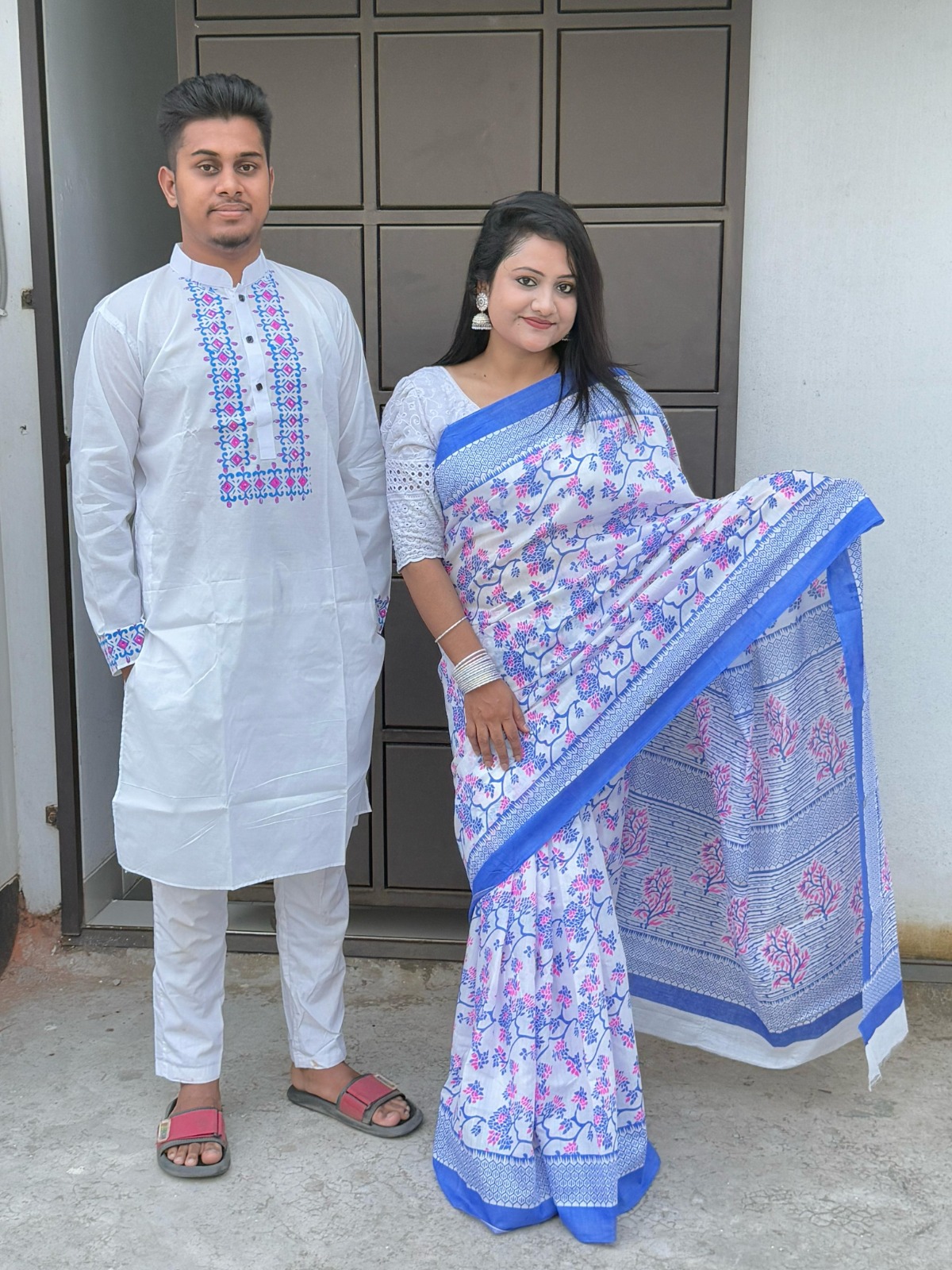 Half Silk Saree and Dhupian Panjabi Couple Dress, No Blouse