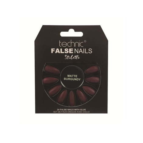 Technic Stiletto ফলস নেইল 24 পিস, গ্লু সহ - Matte Burgundy