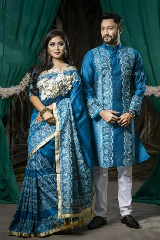 Dhupian Silk Panjabi and Half Silk Saree Set for Couples