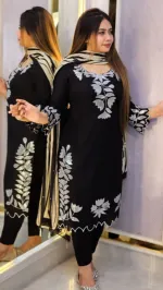 Linen Sequin Embroidery Three Piece with Cotton Orna, 38 to 44