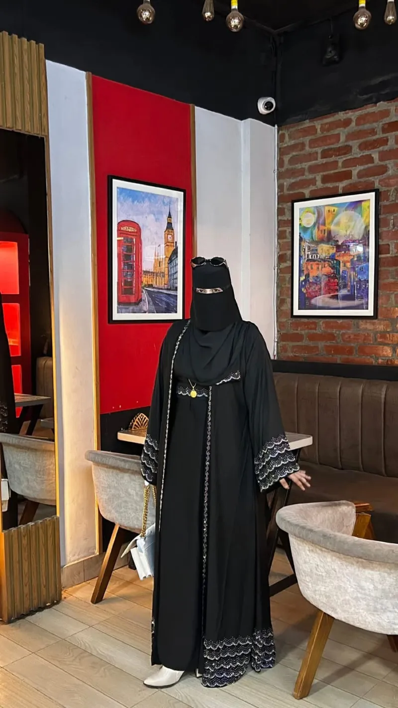 Women's Cherry Abaya with Koti, Hijab and Belt, Stone Work