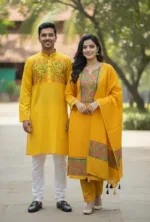 হ্যান্ড প্রিন্ট কাপল ড্রেস, ভয়েল থ্রি পিস ও সিল্ক পাঞ্জাবি