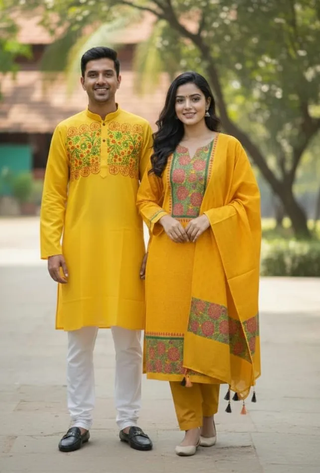 হ্যান্ড প্রিন্ট কাপল ড্রেস, ভয়েল থ্রি পিস ও সিল্ক পাঞ্জাবি