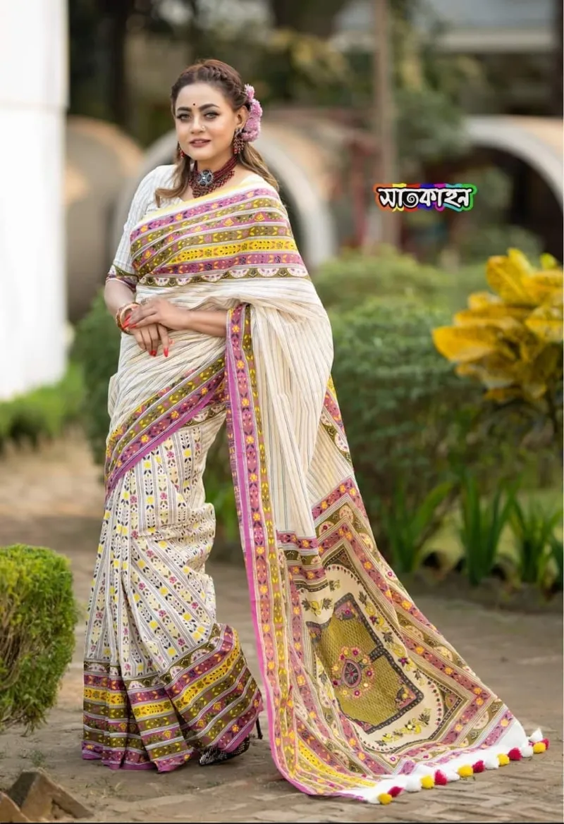 Half Silk Saree with Screen Print Work, 6 Colours