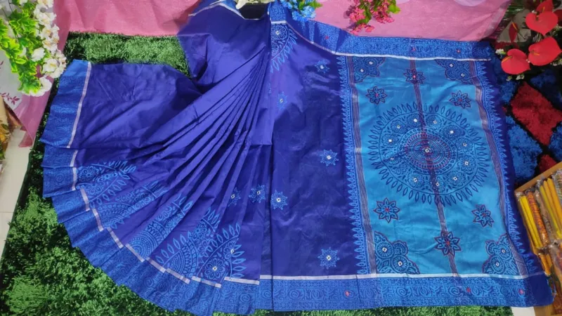Dhupian Silk Embroidery Saree with Block Print in 6 Colours