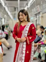 মেয়েদের ঝুমকা এমব্রয়ডারি AC কটন থ্রি পিস, প্রিন্টেড ওড়না