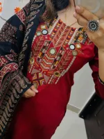 Women's Slub Cotton Three Piece with Heavy Chest Embroidery