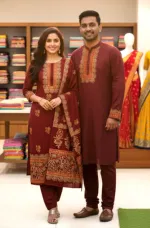 হ্যান্ড প্রিন্ট কাপল ড্রেস, ভয়েল থ্রি পিস ও সিল্ক পাঞ্জাবি