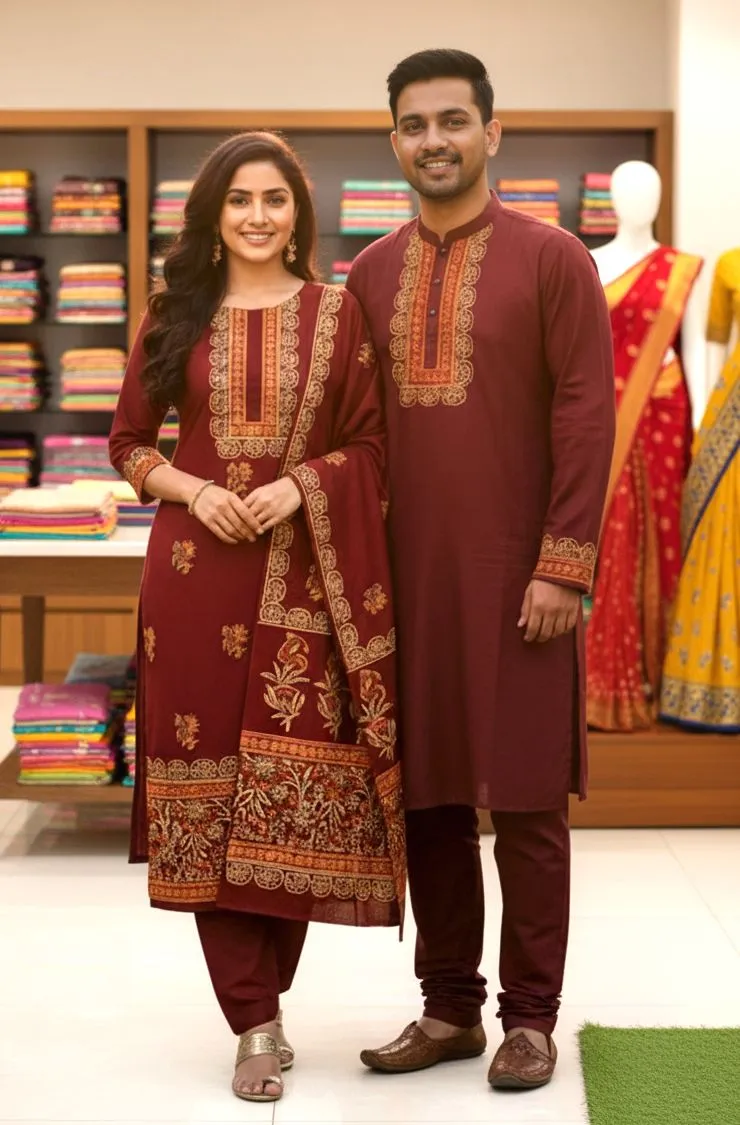 হ্যান্ড প্রিন্ট কাপল ড্রেস, ভয়েল থ্রি পিস ও সিল্ক পাঞ্জাবি