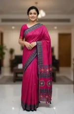 Screen Print Silk Saree with Tassels and Running Blouse Piece
